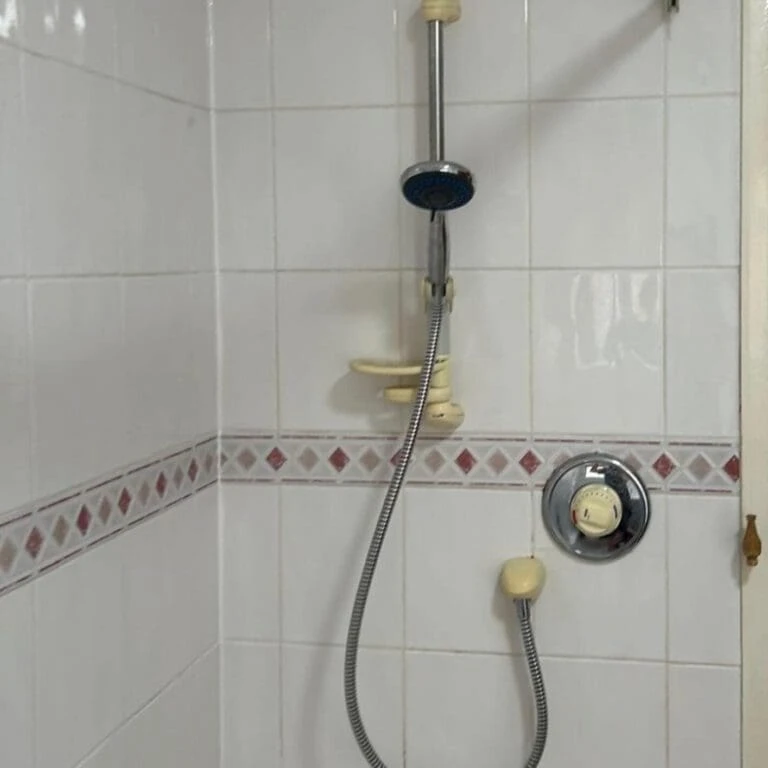 Shower installation with a handheld spray nozzle, chrome hose, and temperature control, set against tiled walls.