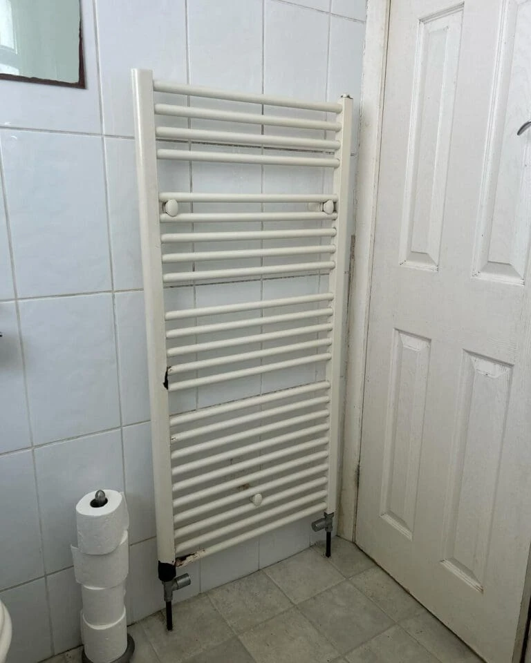 A white towel radiator stands against the bathroom wall, beside a toilet paper holder, with a door in the background.